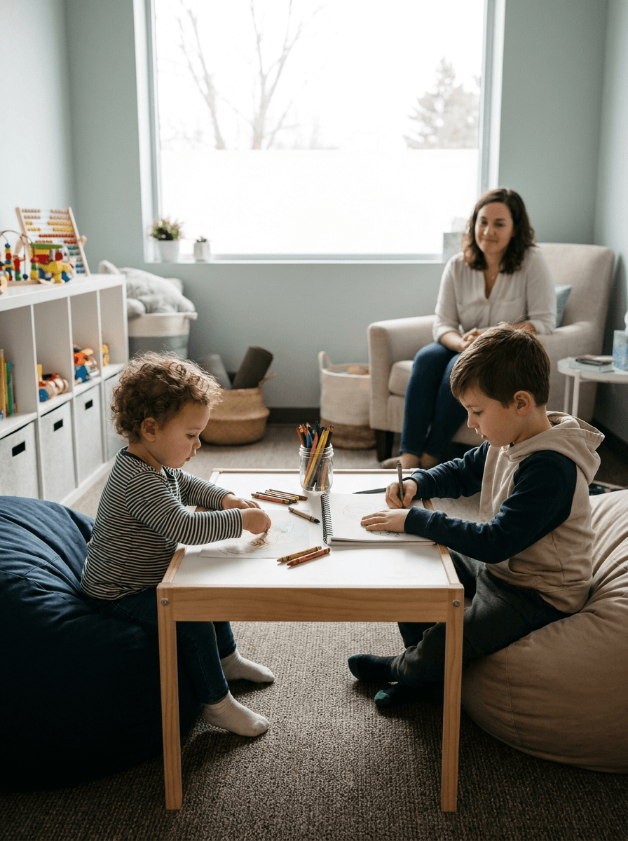 Children drawing together at a table in a quiet office playroom.