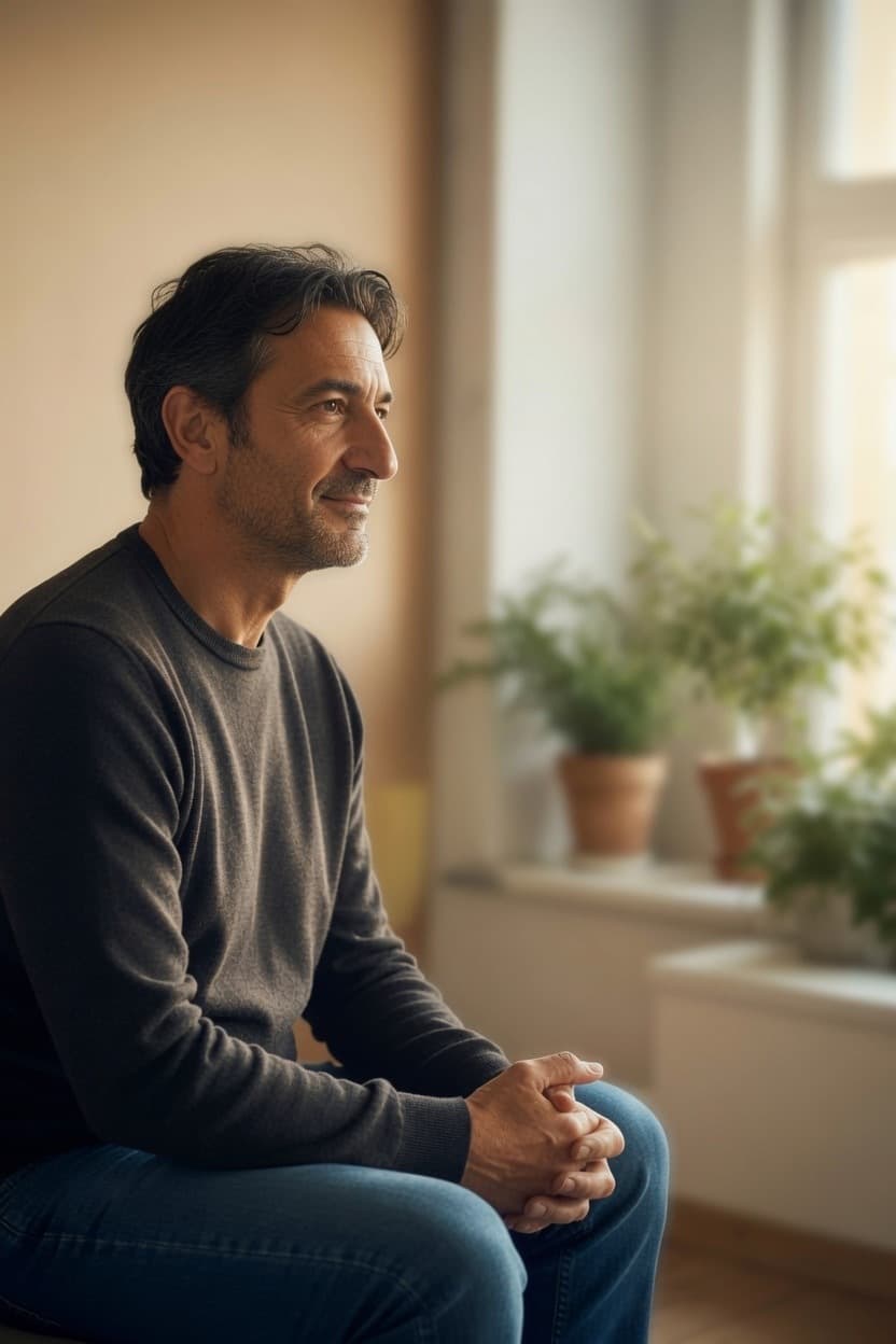 An adult seated in a quiet therapy office.