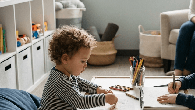 Children drawing together at a table in a quiet office playroom.